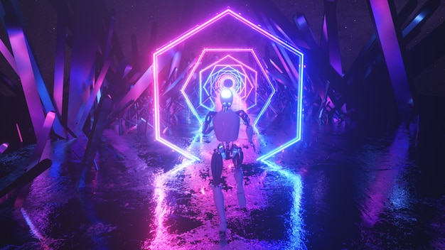 Robot running in abstract outer space along neon geometric shapes and crystals.