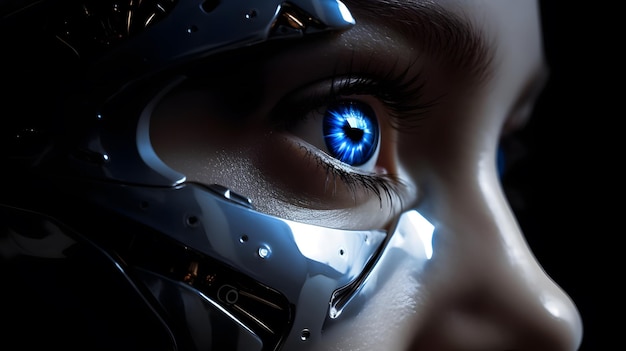 A robot's eye with a blue lens