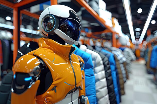 Robot salesperson in a clothing store serving human customers robot picks out clothes