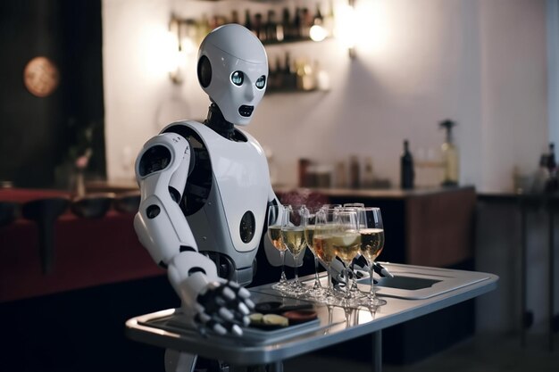 A robot serving drinks at a bar with a white robot standing in front of it.