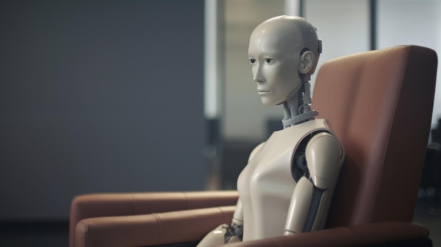 A robot sits in a chair in a meeting room.