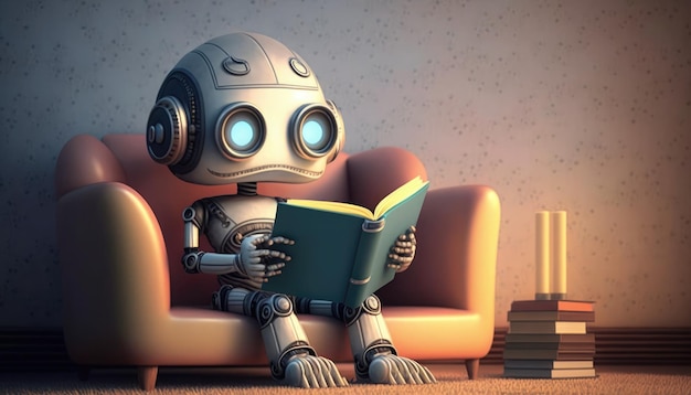 A robot sits on a couch reading a book.