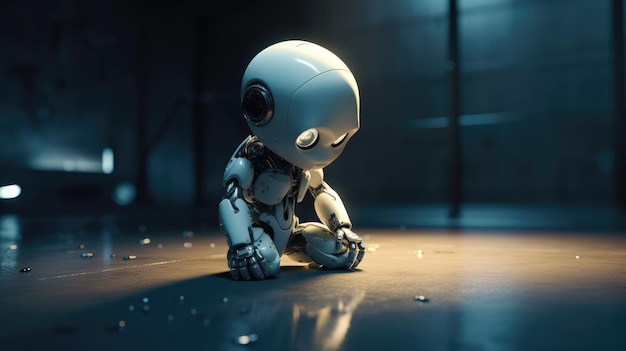 A robot sits on a dark surface with a dark background.