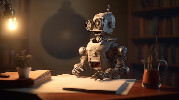 A robot sits at a desk with a book in the background.