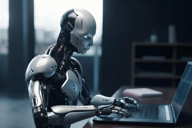 A robot sits at a desk with a computer screen desk in an office room generative ai