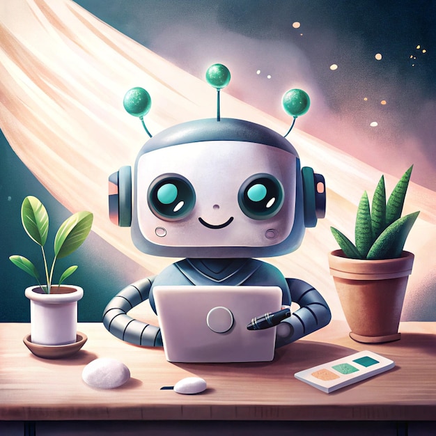 Photo a robot sits on a desk with a laptop and a potted plant