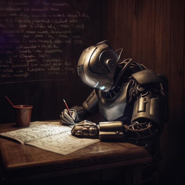 Photo a robot sits at a desk with a notepad and writing on it