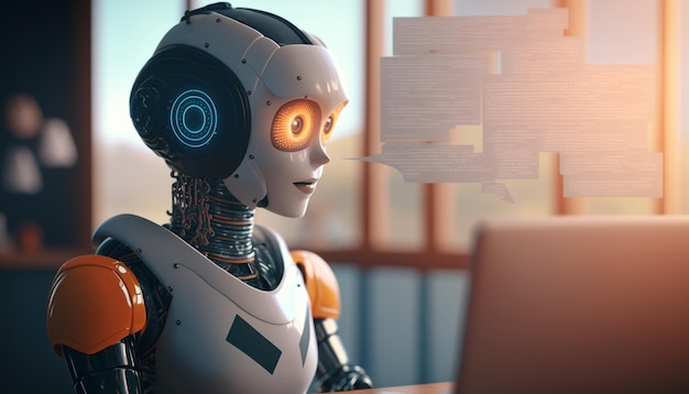 A robot sits at a desk with a speech bubble saying'robot '