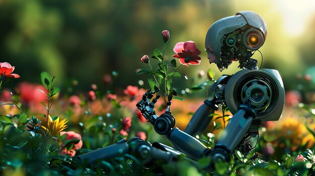 a robot sits in a field of flowers with the sun behind him