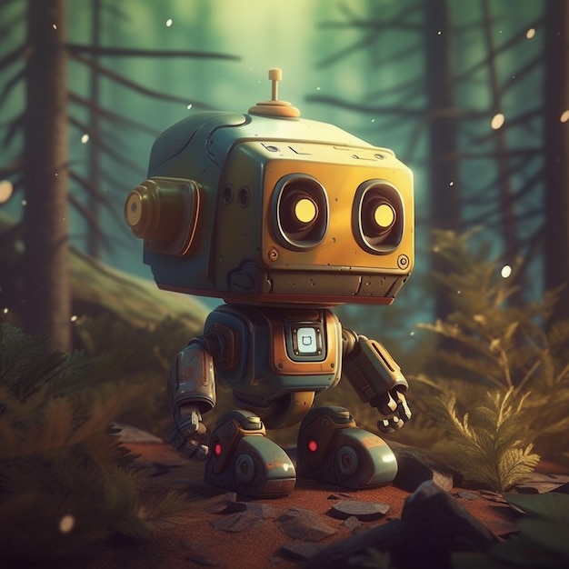 A robot sits in a forest with the word robot on it.