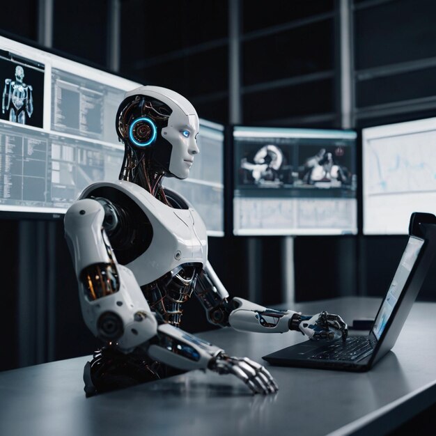 Photo a robot sits in front of a computer with the word robot on the screen