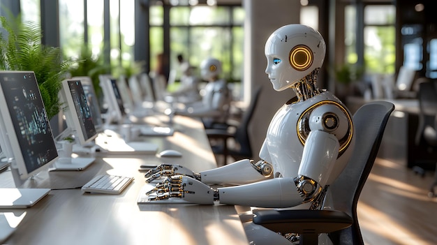 Photo a robot sits in front of a laptop with other computers in the background