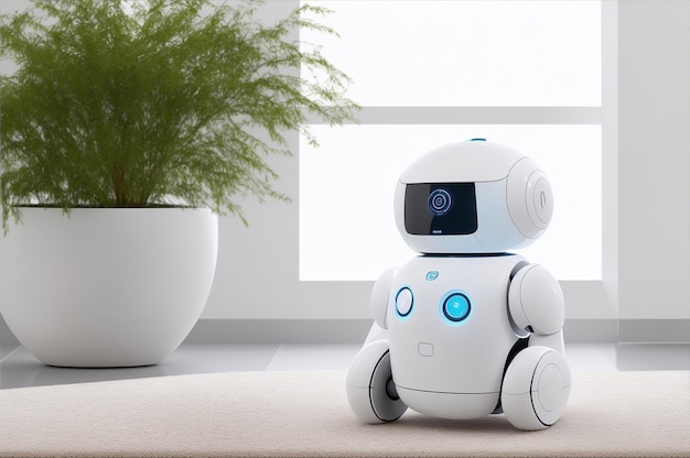 a robot sits in front of a plant and a plant