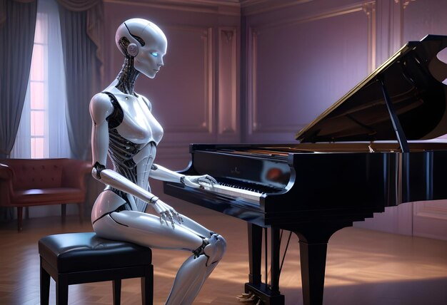 a robot sits on a piano with a piano in the background