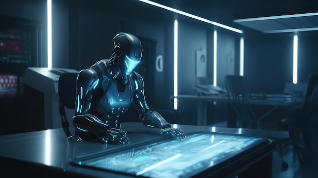 A robot sits at a table in a dark room with a man in a helmet and a monitor that says'robot '