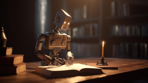 A robot sits at a table reading a book.