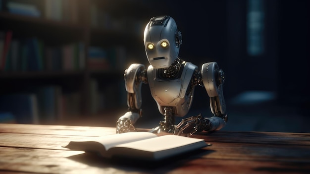 A robot sits at a table with a book open to the right of it.