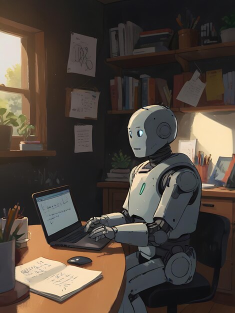 a robot sits at a table with a laptop