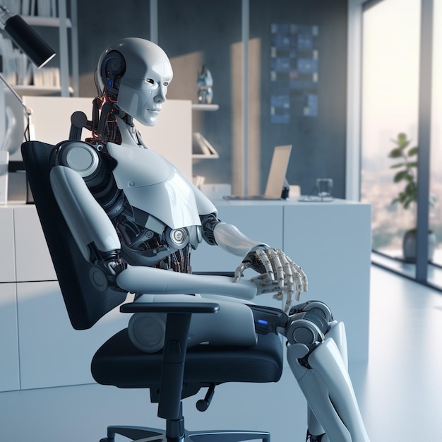 A robot sitting in a chair with a window behind him.