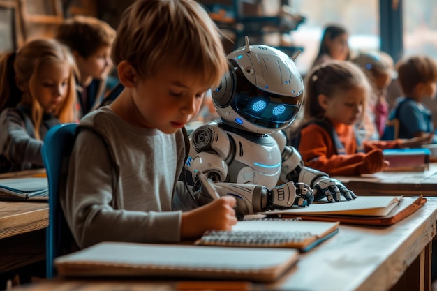 Robot sitting at a desk studying with human classmates in a classroom