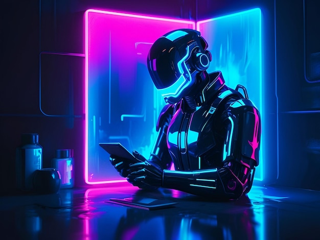 a robot sitting in front of a neon sign that says robot on it