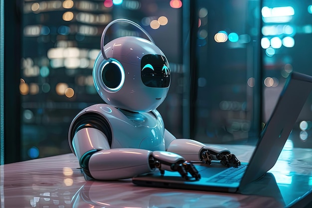 A robot sitting at a table using a laptop