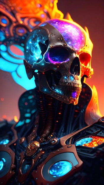 Robot skull with purple and blue lights.