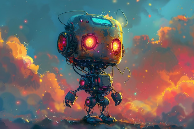 Robot in the sky with smoke and fire illustration