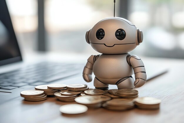 Photo robot standing on coins concept of artificial intelligence finance and technology