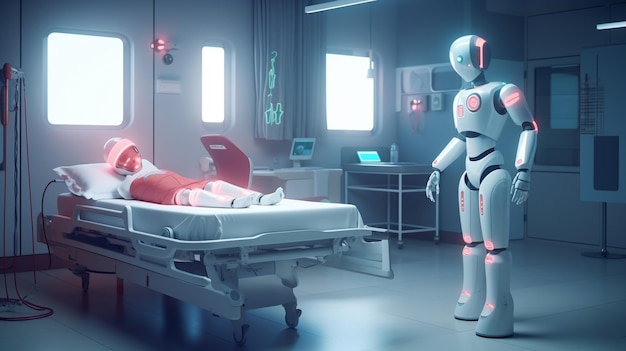 Robot standing next to a hospital bed