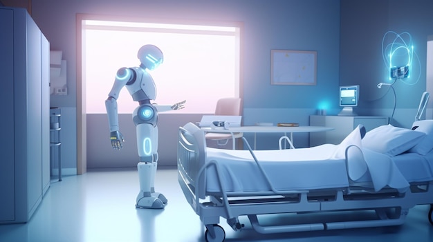 A robot standing next to a hospital bed