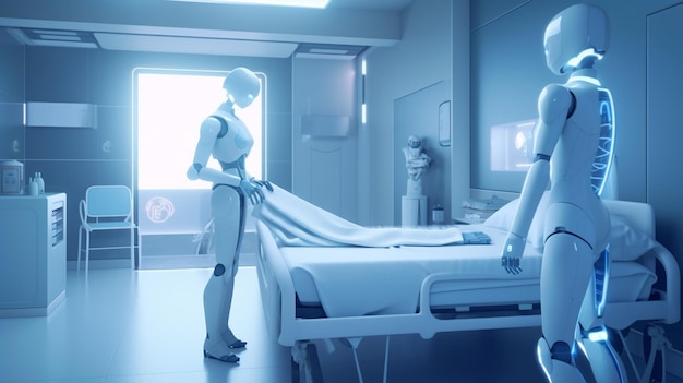 A robot standing in a hospital room with a hospital bed.