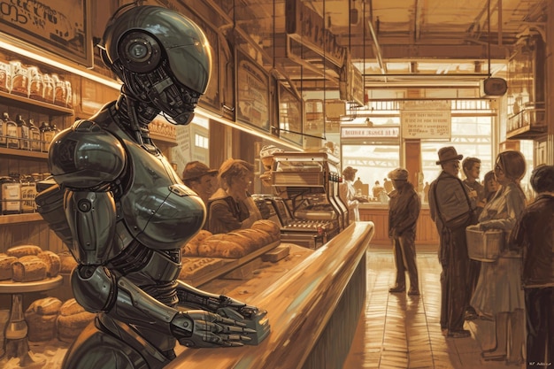 A robot standing in a store against the background of a counter and a lot of people