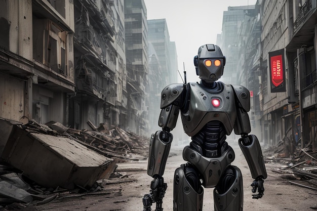 A robot stands in a destroyed city with the word robot on it.