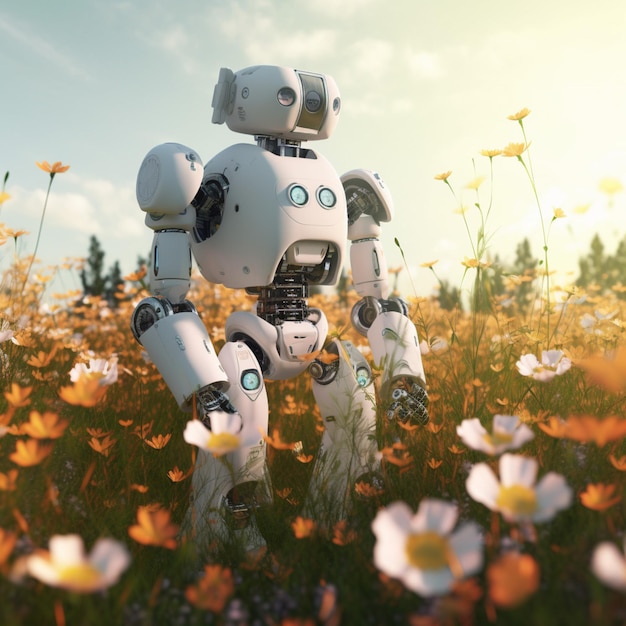 A robot stands in a field of flowers with a sky background.