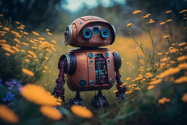 A robot stands in a field of flowers.