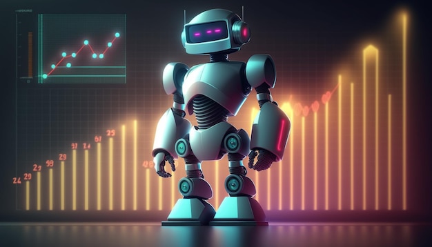 A robot stands in front of a chart that says'robot '