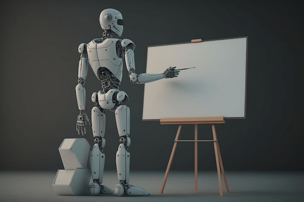 A robot stands in front of a easel and points to a blank white board