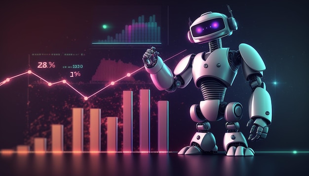 A robot stands in front of a graph that says'robot'on it.