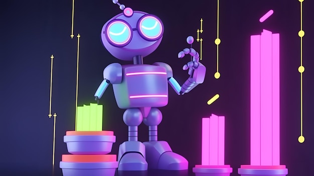 A robot stands in front of a set of colorful lights.