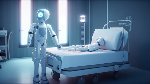 A robot stands next to a hospital bed.