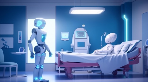 A robot stands in a hospital room with a patient in the background.