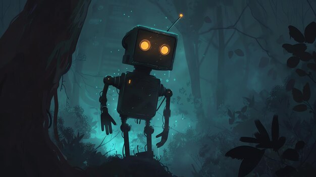 Photo the robot stands in the middle of the forest its eyes glowing in the darkness