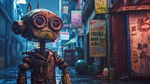 A robot stands in the rain in a rainy city