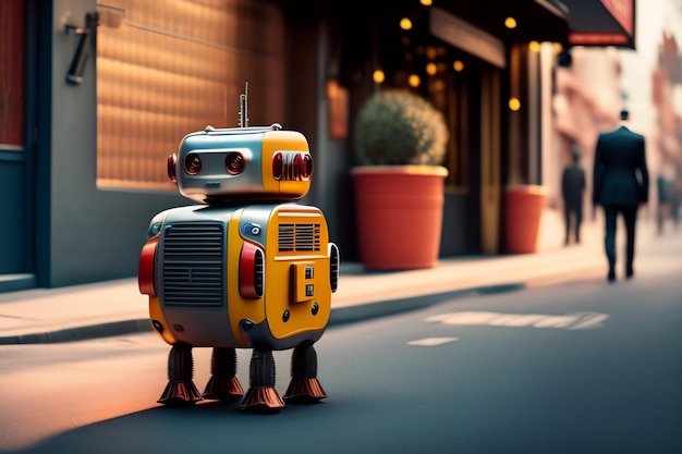 A robot in the street with a man walking by.