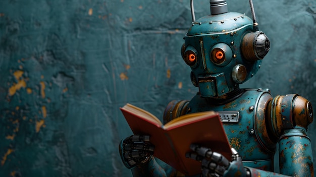 Robot Studying a Red Book on a Dark Background with Futuristic Technology and Imagination