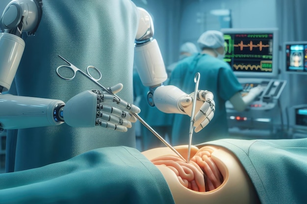 Photo a robot surgeon performs operations