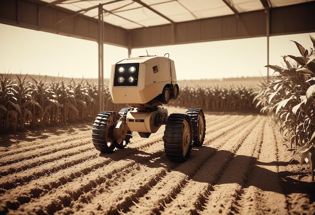 a robot that is in a field with a large tank on it