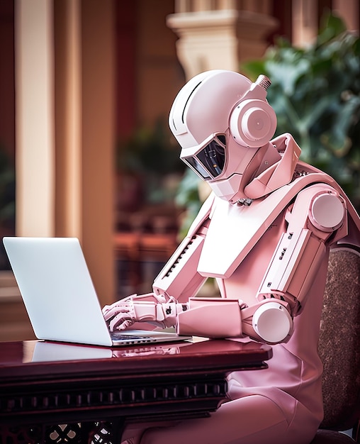 Photo a robot that is sitting on a table with a laptop