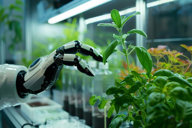 Photo robot touching plant for advanced robotic gardening and futuristic plant care technology